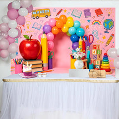 Lofaris Pink Back to School Photography Backdrop with Colorful Balloons and Apple, Vibrant Background for Kids Photoshoot and Party