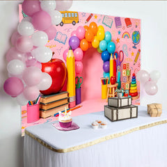 Lofaris Pink Back to School Photography Backdrop with Colorful Balloons and Apple, Vibrant Background for Kids Photoshoot and Party