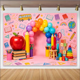 Lofaris Pink Back to School Photography Backdrop with Colorful Balloons and Apple, Vibrant Background for Kids Photoshoot and Party