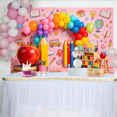Lofaris Pink Vibrant Back to School Photography Backdrop, Colorful Balloons and Apple, Classroom Decor for Kids Party