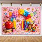 Lofaris Pink Vibrant Back to School Photography Backdrop, Colorful Balloons and Apple, Classroom Decor for Kids Party