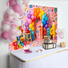 Lofaris Pink School Theme Birthday Backdrop with Rainbow Balloons and ABC Letters, Educational Party Decor for Kids Photoshoot