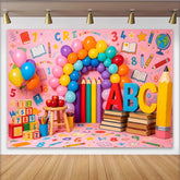 Lofaris Vibrant Back To School Backdrop with ABC Letters, Numbers and Balloons, Fun Photography Background for Classroom Decor