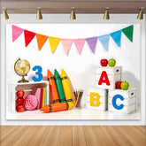 Lofaris Vibrant Back to School Backdrop with ABC Letters, Crayons and Apples, Educational Photography Background for Classroom Decor
