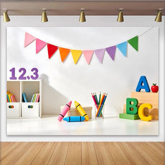 Lofaris Colorful Educational Photography Backdrop with ABC Blocks and Crayons, Vibrant Classroom Background for Kids' Photoshoots
