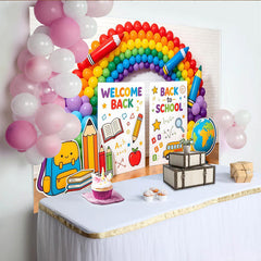 Lofaris Colorful Rainbow Back to School Backdrop with Welcome Back Signs, Educational Photo Background for Classroom Decor and Parties