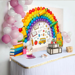 Lofaris Vibrant Rainbow Back To School Backdrop with Books and School Bus, Educational Photography Background for Classroom Decor