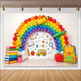 Lofaris Vibrant Rainbow Back To School Backdrop with Books and School Bus, Educational Photography Background for Classroom Decor