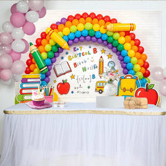 Lofaris Colorful Rainbow Back To School Backdrop with Books and Pencils, Educational Photo Background for Classroom Decor and Party