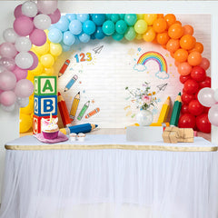 Lofaris Colorful School Photography Backdrop with ABC Blocks and Rainbow Balloons, Vibrant Background for Kids Photoshoot and Party