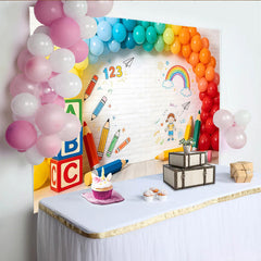 Lofaris Colorful School Photography Backdrop with ABC Blocks and Rainbow Balloons, Vibrant Background for Kids Photoshoot and Party