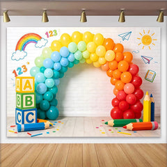 Lofaris Colorful Learning Photography Backdrop with Rainbow Balloons and ABC Blocks, Playful Studio Background for Kids Photoshoot