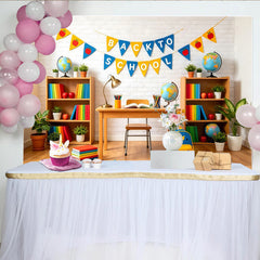 Lofaris Vibrant Back To School Backdrop with Books and Globes, Educational Classroom Background for Photography and Party Decor.