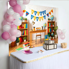 Lofaris Vibrant Back To School Backdrop with Books and Globes, Educational Classroom Background for Photography and Party Decor.