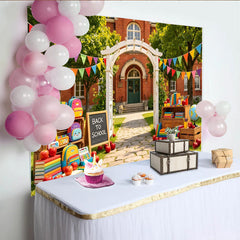 Lofaris Vibrant Back to School Backdrop with Books, Backpacks and Apples, Festive Photography Background for Classroom and Party Decor
