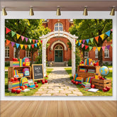 Lofaris Vibrant Back to School Backdrop with Books, Backpacks and Apples, Festive Photography Background for Classroom and Party Decor