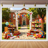 Lofaris Colorful Back to School Backdrop with Books and Apples, Rainbow Backpack Photography Background for Party Decor