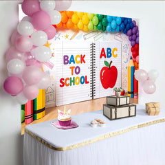 Lofaris Colorful Back To School Backdrop with Rainbow Balloons and ABC, Large Notebook Design Photography Background for Classroom Decor