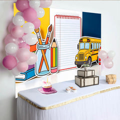 Lofaris Colorful Back To School Backdrop with Yellow Bus, Books, and Pencils, Educational Photography Background for Classroom Decor