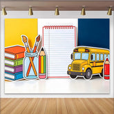 Lofaris Colorful Back To School Backdrop with Yellow Bus, Books, and Pencils, Educational Photography Background for Classroom Decor