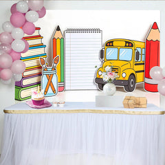 Lofaris Vibrant Back To School Backdrop with Yellow School Bus and Colorful Books, Cute Classroom Decor Background for Kids Photoshoot