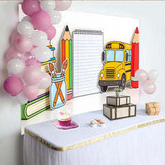 Lofaris Vibrant Back To School Backdrop with Yellow School Bus and Colorful Books, Cute Classroom Decor Background for Kids Photoshoot