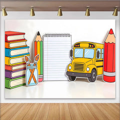 Lofaris Vibrant Back To School Backdrop with Yellow School Bus and Colorful Books, Cute Classroom Decor Background for Kids Photoshoot