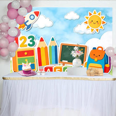 Lofaris Colorful Back To School Backdrop with Rocket, Sun, and Learning Elements, Cute Photography Background for Kids Party Decor