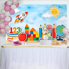 Lofaris Cartoon School Learning Photography Backdrop with Rocket and Globe, Colorful Educational Background for Kids Photoshoot