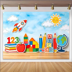 Lofaris Cartoon School Learning Photography Backdrop with Rocket and Globe, Colorful Educational Background for Kids Photoshoot