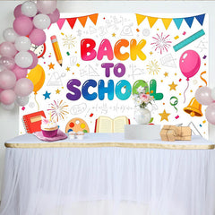 Lofaris Vibrant Back To School Backdrop with Alarm Clock, Books and Apple, Educational Theme Background for Classroom Decor