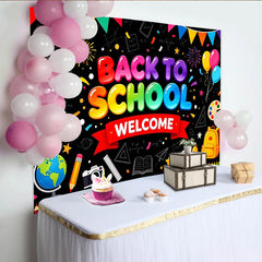 Lofaris Colorful Back To School Welcome Backdrop with Balloons and School Supplies, Vibrant Classroom Decor for First Day Photoshoot