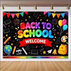 Lofaris Colorful Back To School Welcome Backdrop with Balloons and School Supplies, Vibrant Classroom Decor for First Day Photoshoot