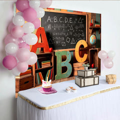 Lofaris Colorful Wooden Back To School Backdrop with Blackboard and ABC Letters, Rustic Background for Kids Photography