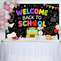 Lofaris's Colorful Welcome Back to School Backdrop with School Bus and Books, Educational Party Decor for Classroom and Photoshoot