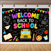 Lofaris's Colorful Welcome Back to School Backdrop with School Bus and Books, Educational Party Decor for Classroom and Photoshoot