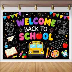 Lofaris's Colorful Welcome Back to School Backdrop with School Bus and Books, Educational Party Decor for Classroom and Photoshoot