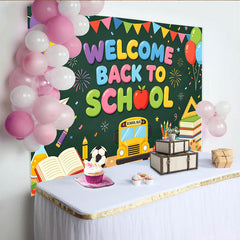 Lofaris Colorful Welcome Back To School Backdrop with Bus and Books, Chalkboard Style Background for Classroom Decor and Studio Photos