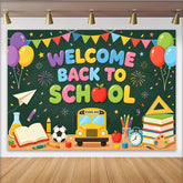 Lofaris Colorful Welcome Back To School Backdrop with Bus and Books, Chalkboard Style Background for Classroom Decor and Studio Photos