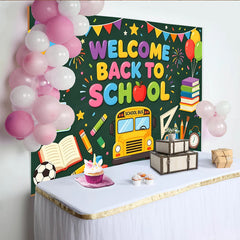 Lofaris Colorful Welcome Back To School Backdrop with School Bus and Books, Vibrant Party Banner for Classroom Decor and Photoshoot