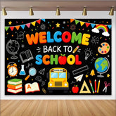Lofaris Colorful Welcome Back To School Backdrop with Bus and Books, Chalkboard Educational Background for Classroom Decor