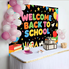 Lofaris Colorful Welcome Back to School Backdrop with Balloons and Books, Vibrant Classroom Decoration Background for Students