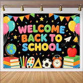 Lofaris Colorful Welcome Back to School Backdrop with Balloons and Books, Vibrant Classroom Decoration Background for Students