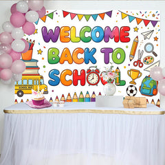 Lofaris Colorful Welcome Back To School Backdrop with Books and Bus, Vibrant Classroom Photography Background for First Day Party