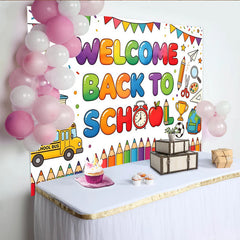 Lofaris Colorful Welcome Back To School Backdrop with Books and Bus, Vibrant Classroom Photography Background for First Day Party