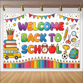 Lofaris Colorful Welcome Back To School Backdrop with Books and Bus, Vibrant Classroom Photography Background for First Day Party