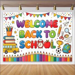 Lofaris Colorful Welcome Back To School Backdrop with Books and Bus, Vibrant Classroom Photography Background for First Day Party