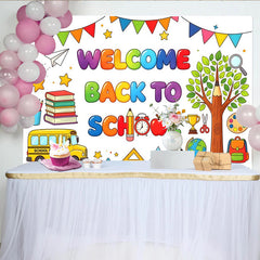 Lofaris Vibrant Welcome Back To School Backdrop with School Bus, Books and Pencils, Fun Classroom Decor for Photography