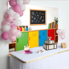 Lofaris Colorful Classroom Photography Backdrop with Blackboard and Lockers, Vibrant School Background for Kids' Portraits and Events