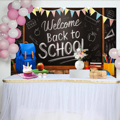 Lofaris Welcome Back to School Blackboard Backdrop with Colorful Pennants and School Supplies, Wooden Desk Background for Classroom Decor